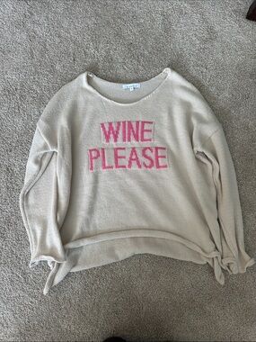 "WINE PLEASE" Cream Knit Sweatshirt with Pink Lettering